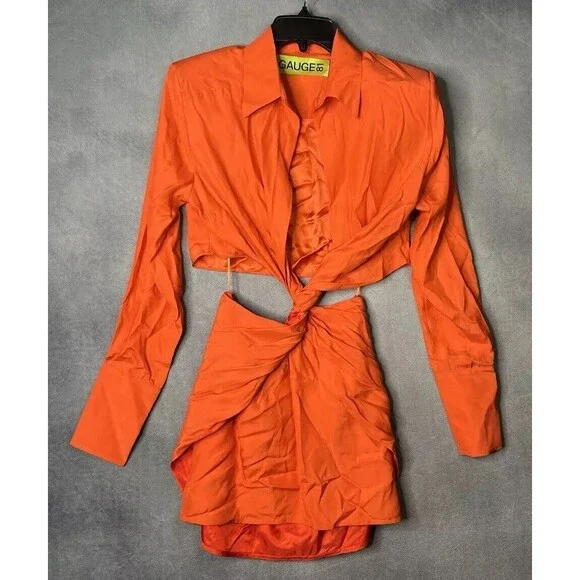 $660 GAUGE81 Mandarin Plunge Neck Cutout Dress Long Sleeve 100% Silk Women Small